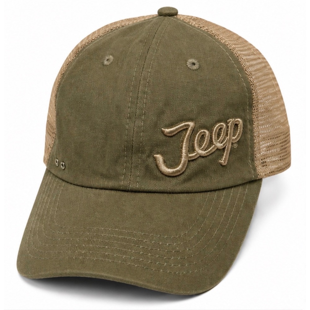 Jeep Trucker Hat Olive Green Tan Mesh Back Adjustable‎ Strap Embroidered Logo